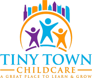 A colorful logo for Tiny Town Childcare it also includes stylized figures representing children and a skyline.